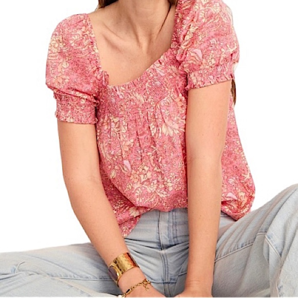 J. Crew Pink Floral Puff-Sleeve Blouse